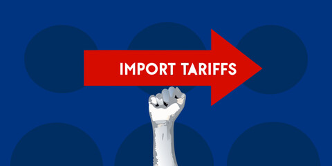 Robotic hand pushing a red arrow labeled import tariffs against blue backdrop
