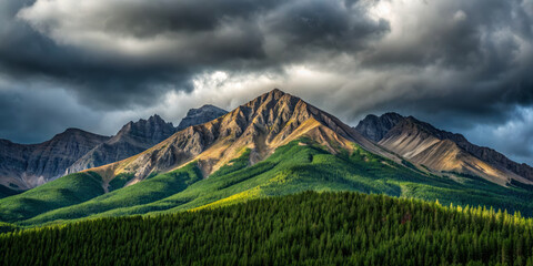Mountain ridge forest cloud sky dramatic rocky peak landscape green scenery unfolds dramatic cloudy sky with rocky mountain ridge and sunlit peaks rising above dense evergreen forest