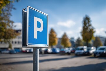Urban blue parking sign with white symbol in outdoor lot