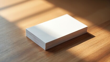 Blank white business cards stack on wood table. Sunlight creates shadow patterns. Perfect for branding mockups, graphic design, and identity presentation.