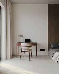 Minimalist bedroom with wooden accents, simple desk, soft curtains and neutral color palette. Modern cozy home interior.
