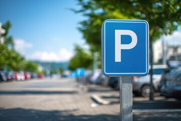 Urban blue parking sign with white symbol in outdoor lot