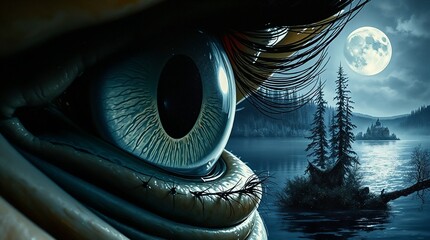 Waterman eye in a mysterious magical mood watching a pond and village against a fairytale landscape background
