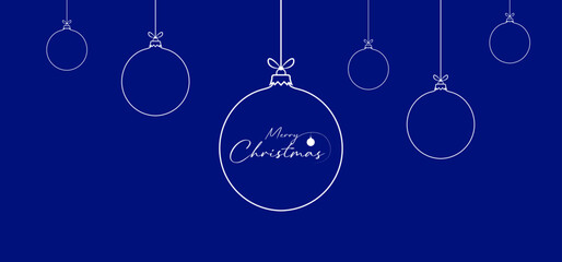 Editable stroke blue white merry christmas banner design with baubles vector. Winter holidays concept card design to use for merry christmas cards, winter banner advertising, holiday greetings. 
