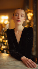 Elegant Woman in Black Velvet Dress at Festive Marble Bar