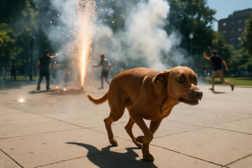 A dog very frightened by the sound of gunpowder