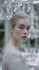 Ethereal Portrait of Woman in Pearly Dress Under Crystal Chandelier