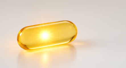 Close-up of a transparent golden capsule glowing from within on a light reflective surface, premium Vitamin D concept with bright sunlit energy and clean pharmaceutical aesthetics.