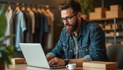 Entrepreneur works on laptop preparing product packages. Man in denim jacket manages e-commerce orders for small business. He checks items for shipping. Cardboard boxes on shelves.