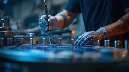 Medium shot of a skilled operator using precision tools to apply a ceramic coating on metal parts in a controlled factory environment focusing on protective treatment details.