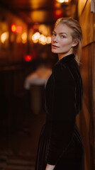 Night Portrait of Woman in Black Velvet Dress in Warm Street Lights