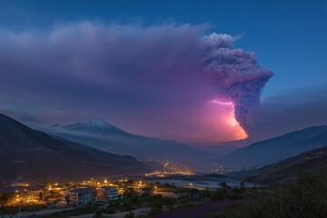Volcano releases ash and smoke into the sky at night with lightning strikes above a nearby town and mountains