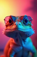 Obraz premium Funny bearded dragon wears aviator glasses against a neon tropical backdrop. Reptile poses with cool attitude, vibrant colors glow. Animal shows off retro style, disco party vibe.