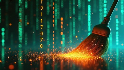 Digital broom sweeps glowing data particles from abstract surface. Visual shows cleaning process for tech system. Represents cybersecurity, info protection, virus removal, computer safety. Clean up