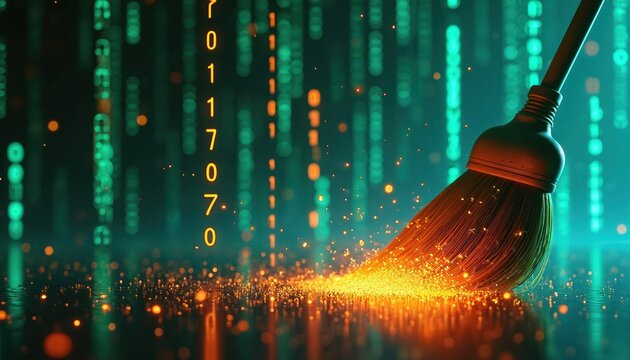 Digital broom sweeps glowing data particles from abstract surface. Visual shows cleaning process for tech system. Represents cybersecurity, info protection, virus removal, computer safety. Clean up - Powered by Adobe