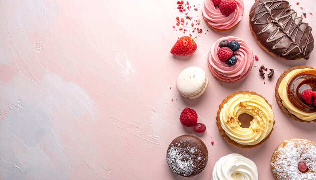 sweet desserts and cookies on a pastel background