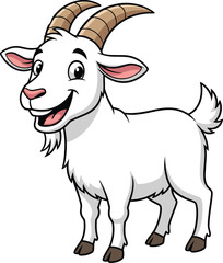 Cartoon goat with curved horns and cheerful smile, white fur, farm animal character, educational theme, flat vector illustration