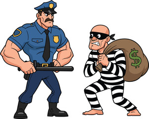 Cartoon police officer confronting burglar with money sack, crime and justice theme, humorous action scene, flat vector illustration