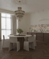 Elegant dining room interior with large chandelier, white dining table and floral wall decor. Classic contemporary home design.