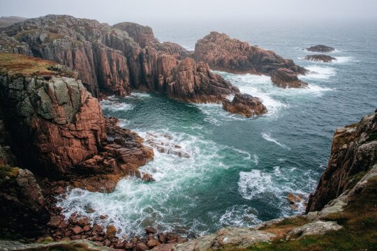 Rough waters crash against large rocks along the coastline while fog covers the area in the morning light - Powered by Adobe