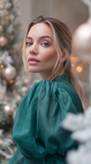  Elegant Christmas Portrait of Woman in Emerald Dress by Frosted Tree