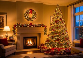 Cozy Christmas Living Room with Fireplace and Decorated Tree.