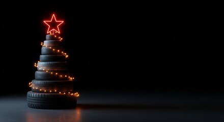 Creative Christmas Tree Made of Car Tires Decorated with Neon Star and Lights.
