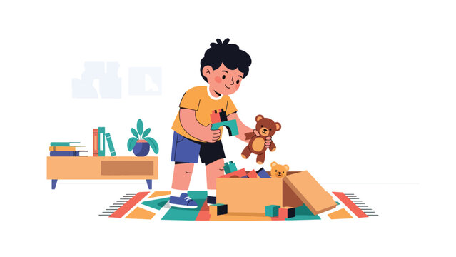 Modern flat vector illustration of a child happily cleaning up toys after playtime, showing responsibility and organizational skills