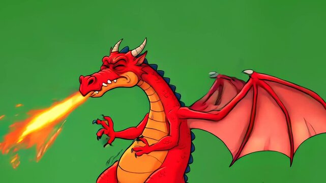 Red dragon with an angry, upset, and roaring expression on a green screen for chromakey effect