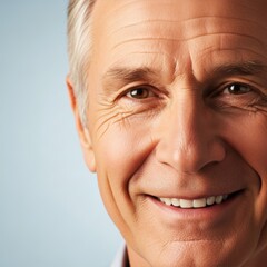 Close-up studio portrait of a confident, smiling senior man against a light blue background.