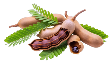 Tamarind Fruits and Leaves on White Background
