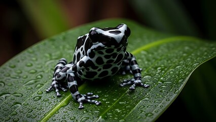 Striking black white blue poison dart frog on a wet green leaf rainforest wildlife