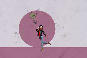 Collage of remote worker with laptop smartphone tablet surrounded by question marks light bulb symbolizing new business ideas