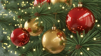 Fototapeta premium Shiny red and gold Christmas tree ornaments sparkle with warm festive lights for holiday celebration background