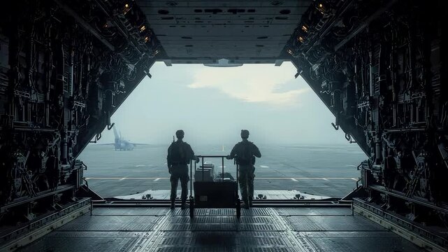 Two soldiers standing at the open rear of a military aircraft overlooking rugged terrain with moody light and strong sense of scale