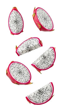 Fresh vibrant dragon fruit slices pitaya on white background