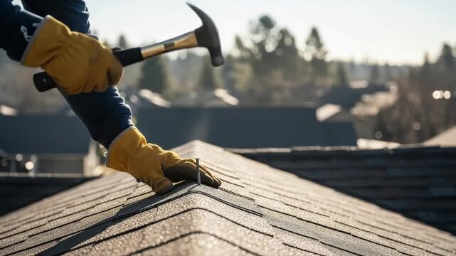 Roofer hammering shingles on rooftop in bright sunlight. Roof shingles being nailed Into the roof   