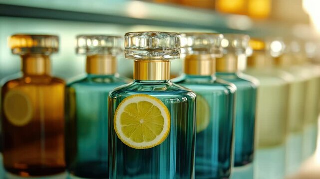 A collection of blue glass bottles filled with sliced lemons, perfect for decorative purposes or as props in food photography