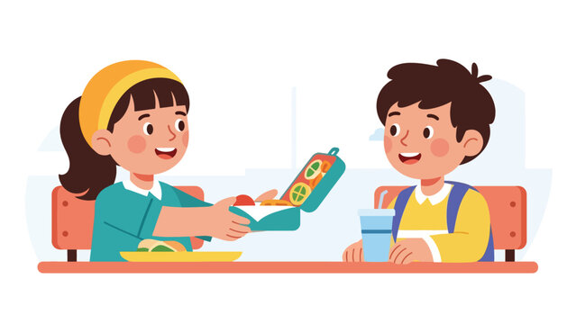 Modern flat vector illustration of a child sharing snacks with a friend at school, demonstrating kindness and good manners