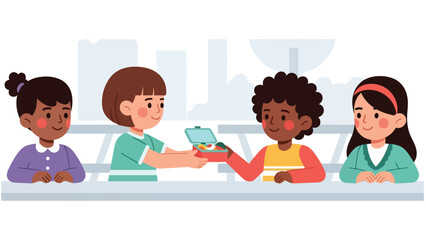 Modern flat vector illustration of a child sharing snacks with a friend at school, demonstrating kindness and good manners