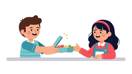 Modern flat vector illustration of a child sharing snacks with a friend at school, demonstrating kindness and good manners