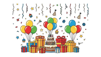Celebration Extravaganza: A vibrant scene unfolds, celebrating a special occasion with an array of gifts, cheerful balloons, a delightful cake, and festive confetti, embodying the essence of joy.