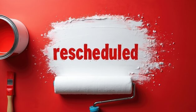 Paint can, brush, roller lie on red background. Word rescheduled in red paint on white stain. Concept of canceled events, postponed meeting, rescheduled date. Top view shot. Creative design idea.