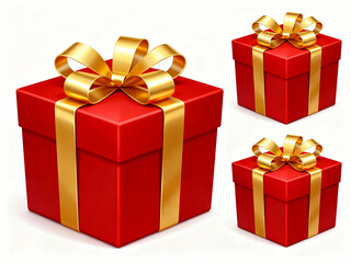 Three red gift boxes with gold ribbons and bows