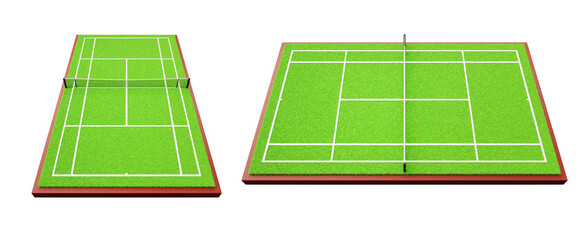 Fototapeta premium Tennis court perspective. Realistic 3d render set of sport field with net, green grass and white lines. Isolated empty playground with natural or synthetic turf texture for tournament