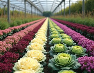 Rows of colorful ornamental cabbages grow in a vast commercial greenhouse. Plants are arranged in neat lines under a modern farming structure. Crops are cultivated for beauty and sale.