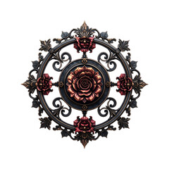 Dark ornate circular design with red roses and scrolls