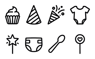 Baby shower icons: cupcake, party hat, confetti, onesie, diaper, wand, spoon, heart lollipop