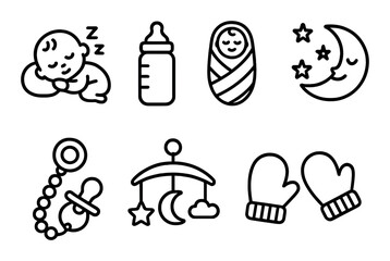 Adorable baby icons: sleep, bottle, swaddle, moon, pacifier, mobile, mittens