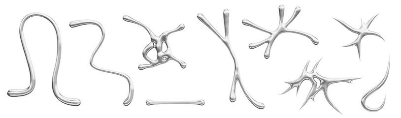 Liquid silver metal y2k abstract shape. Render 3d set of chrome fluid flow spiral and curve wave lines, blobs, blots and stains. Mercury drops and splash, isolated design elements